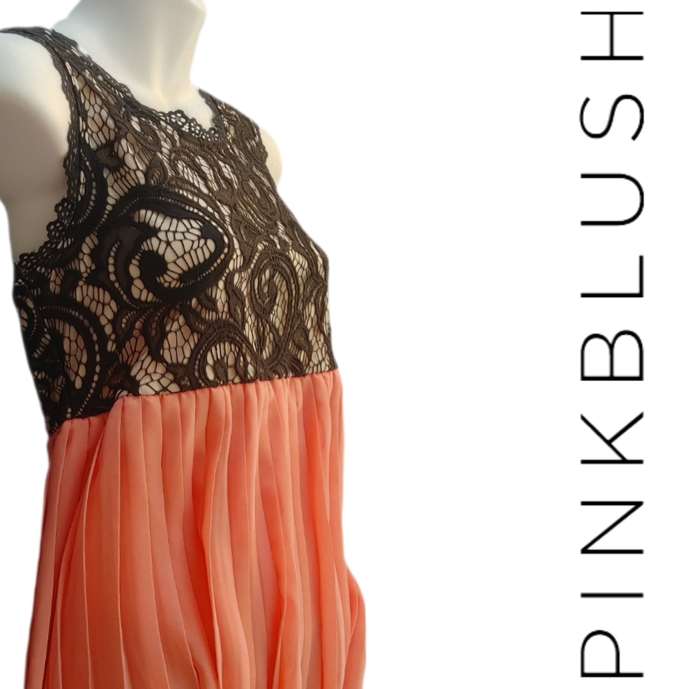 Pinkblush Coral Pink Pleated Chiffon Lace Top Maternity Maxi Dress size Med NWT